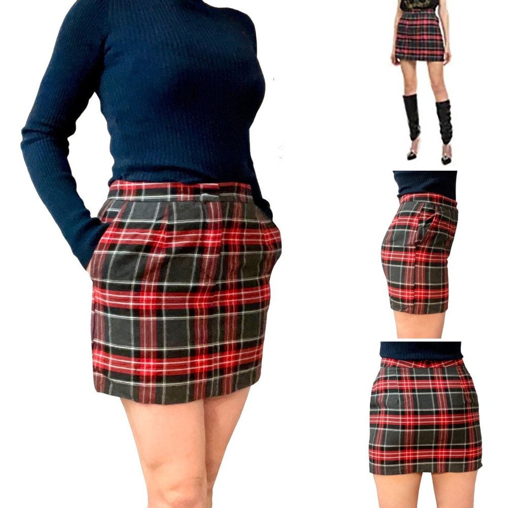 JANE BLANC PARIS M Tartan Flannel Mini Skirt Pencil Red High Waist Plaid Poket S